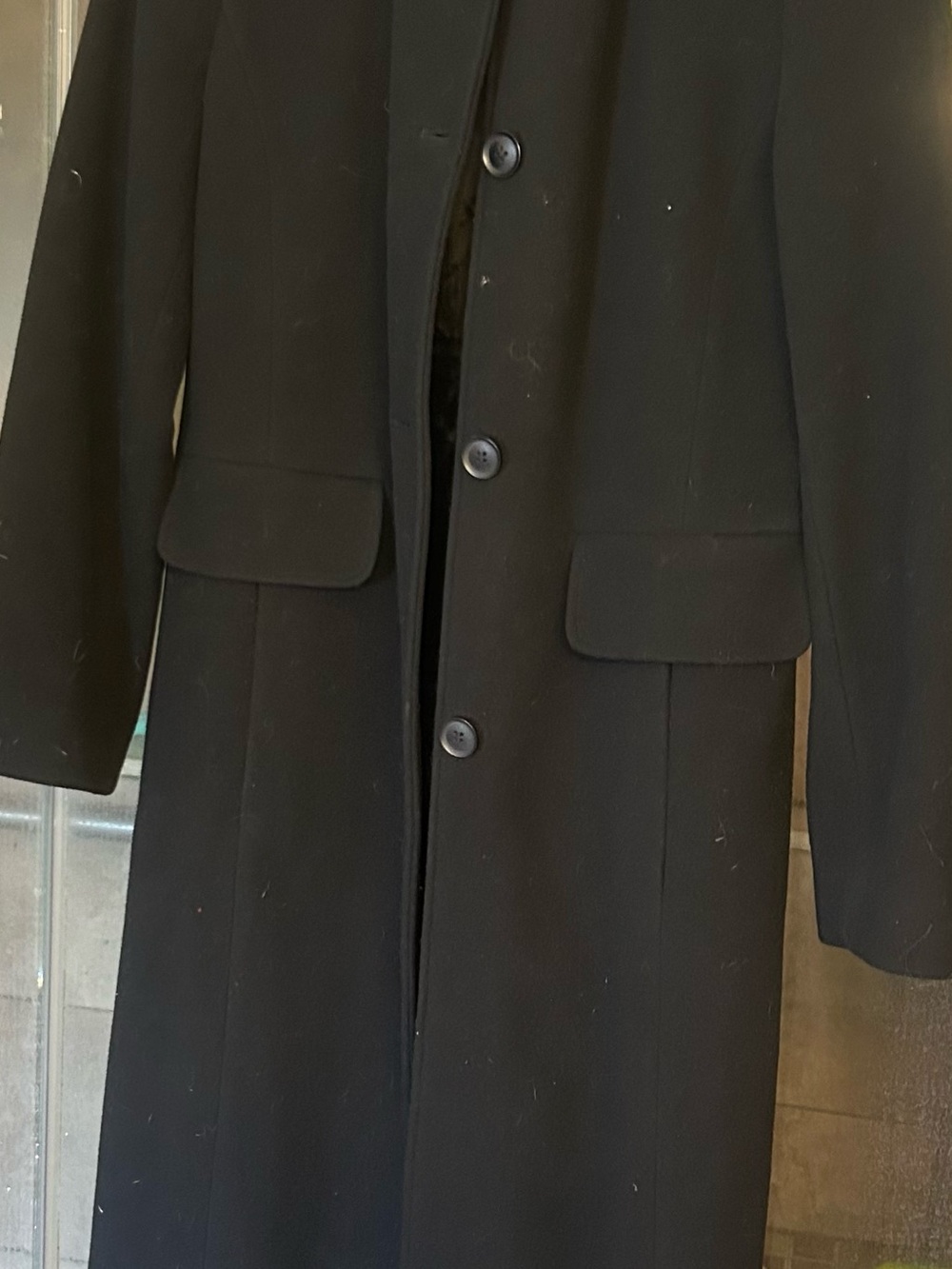 NWOT Black Long Single-Breasted Coat with hood